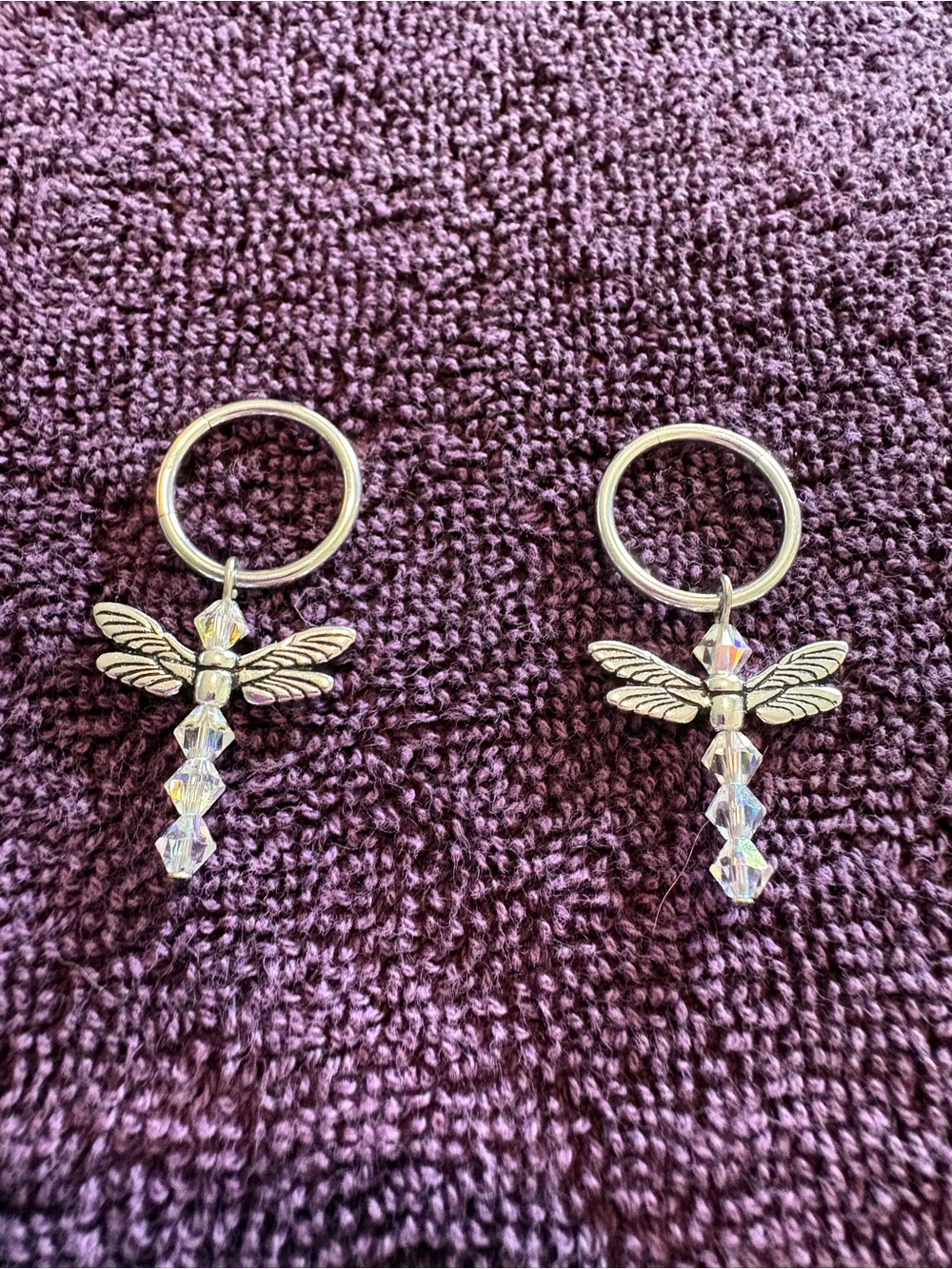 Silver Dragonfly Hoop Earrings with Clear Crystal Drops